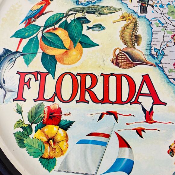 Vintage Florida Round Metal Tin Sourvenir Travel Map Trays Retro Decor 10.5" GUC - Picture 7 of 11